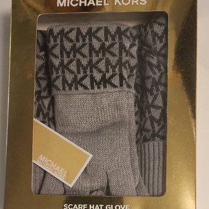 Michael Kors Scarf Set Beanie Hat Gloves Scarf Michael Kors Logo Gray NIB $148